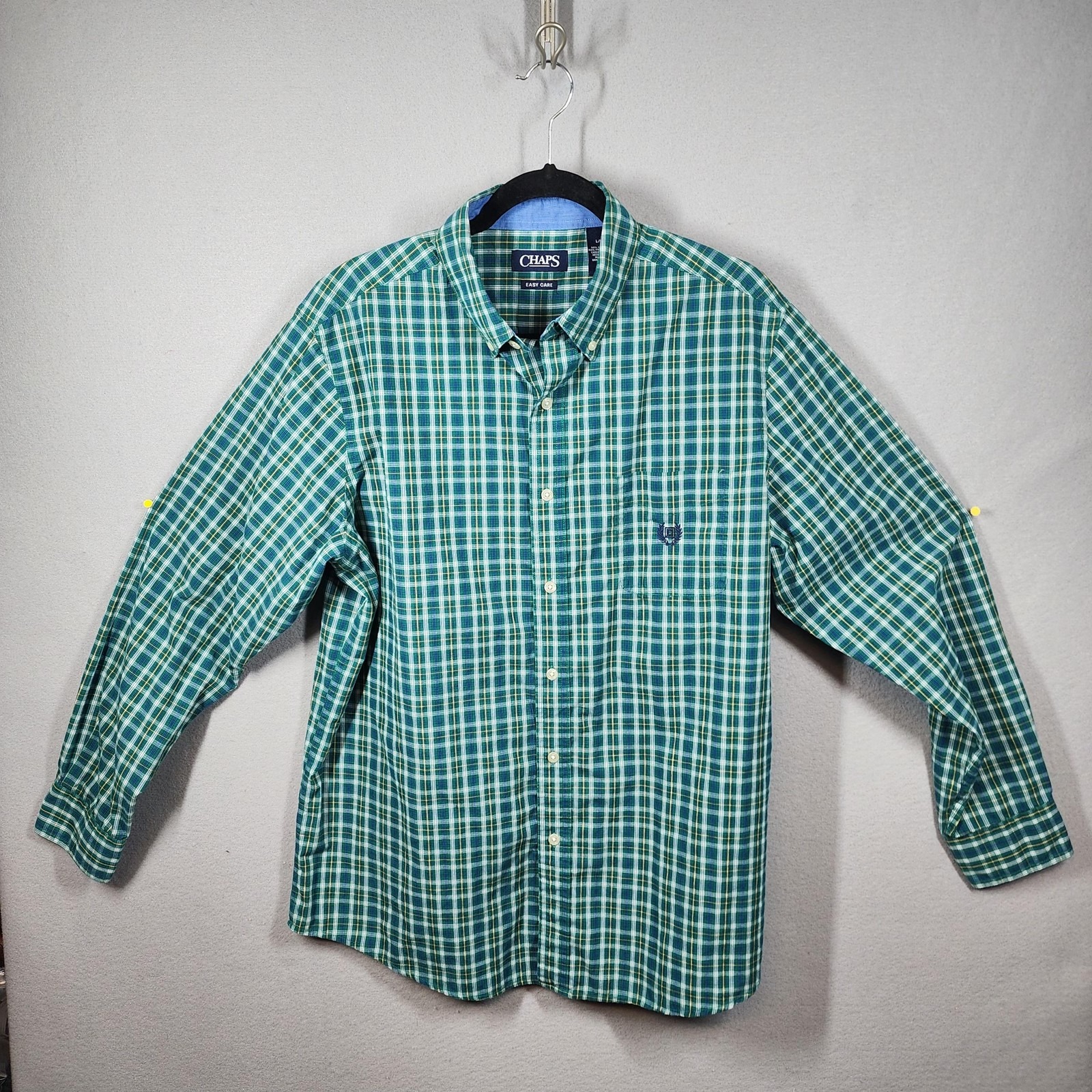 Chaps Shirt Mens Large Green Blue Plaid Button Down Easy Care Crest Logo Pocket